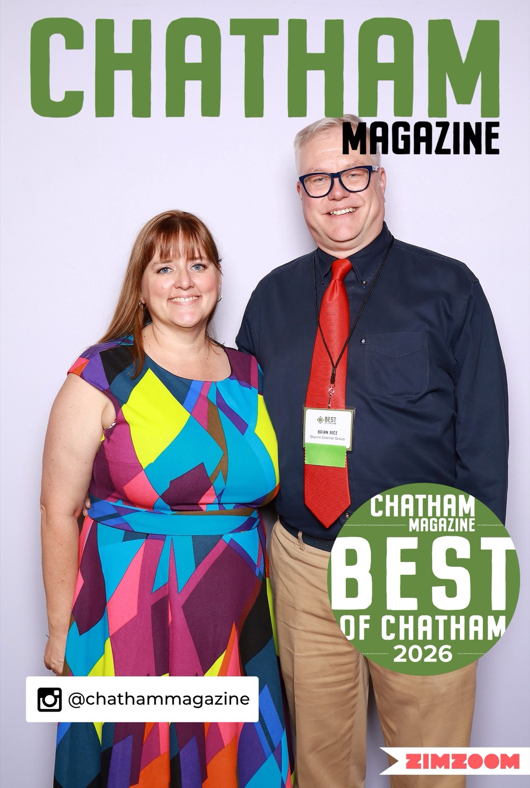 Skyline Exterior Group founder Brian Rice and his wife accepting the Best of Chatham 2026 award at the Chatham Magazine awards ceremony