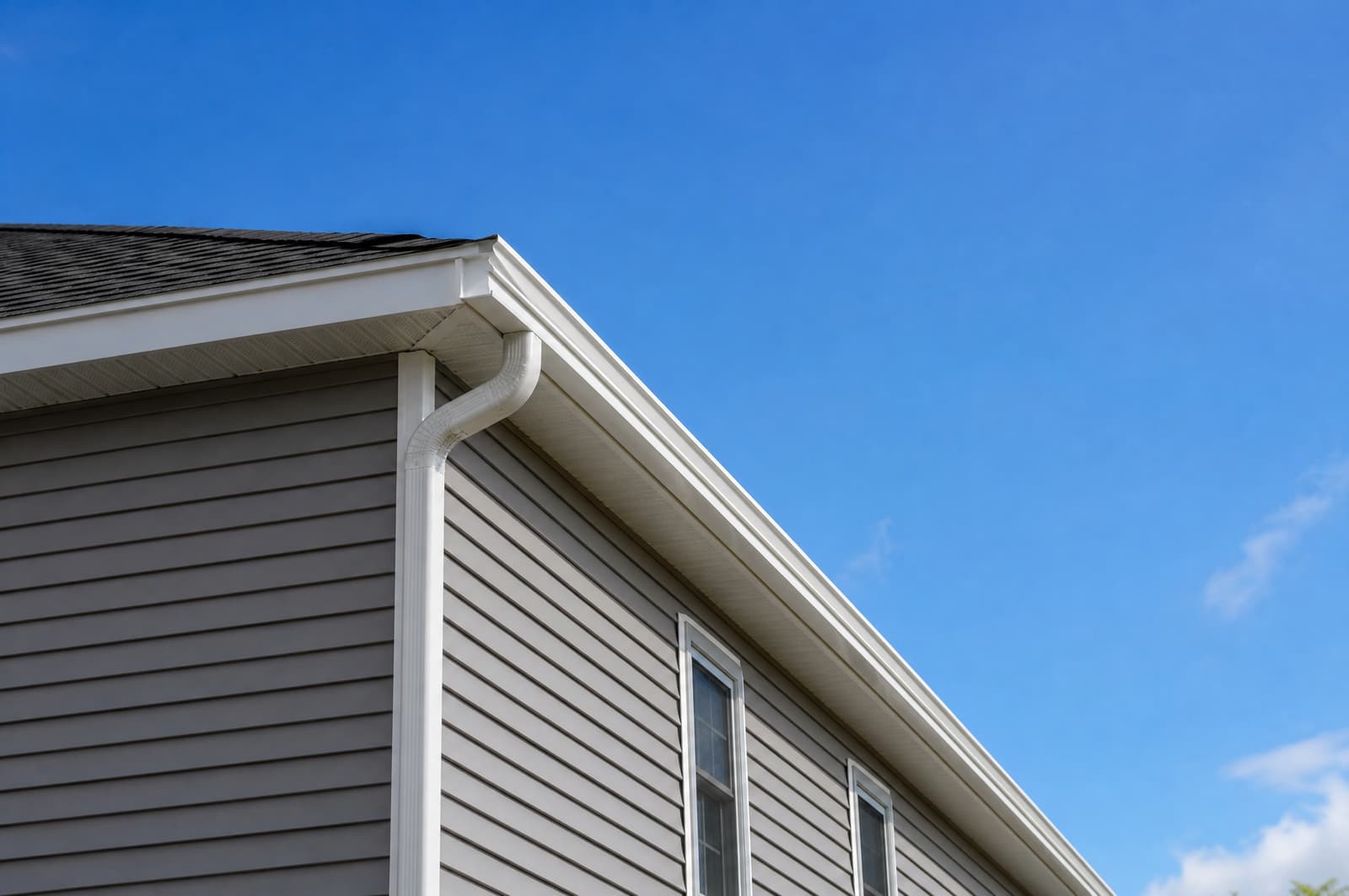 New white gutters and a downspout along the eave of a two-story home with gray siding