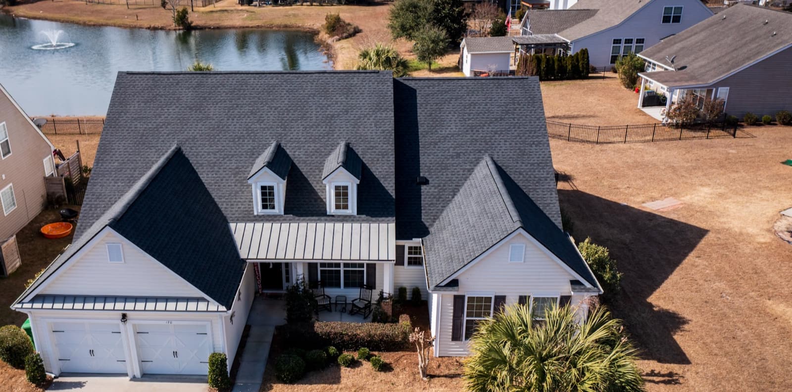 New construction roof installed by Skyline on a home in Sanford, NC, aerial view