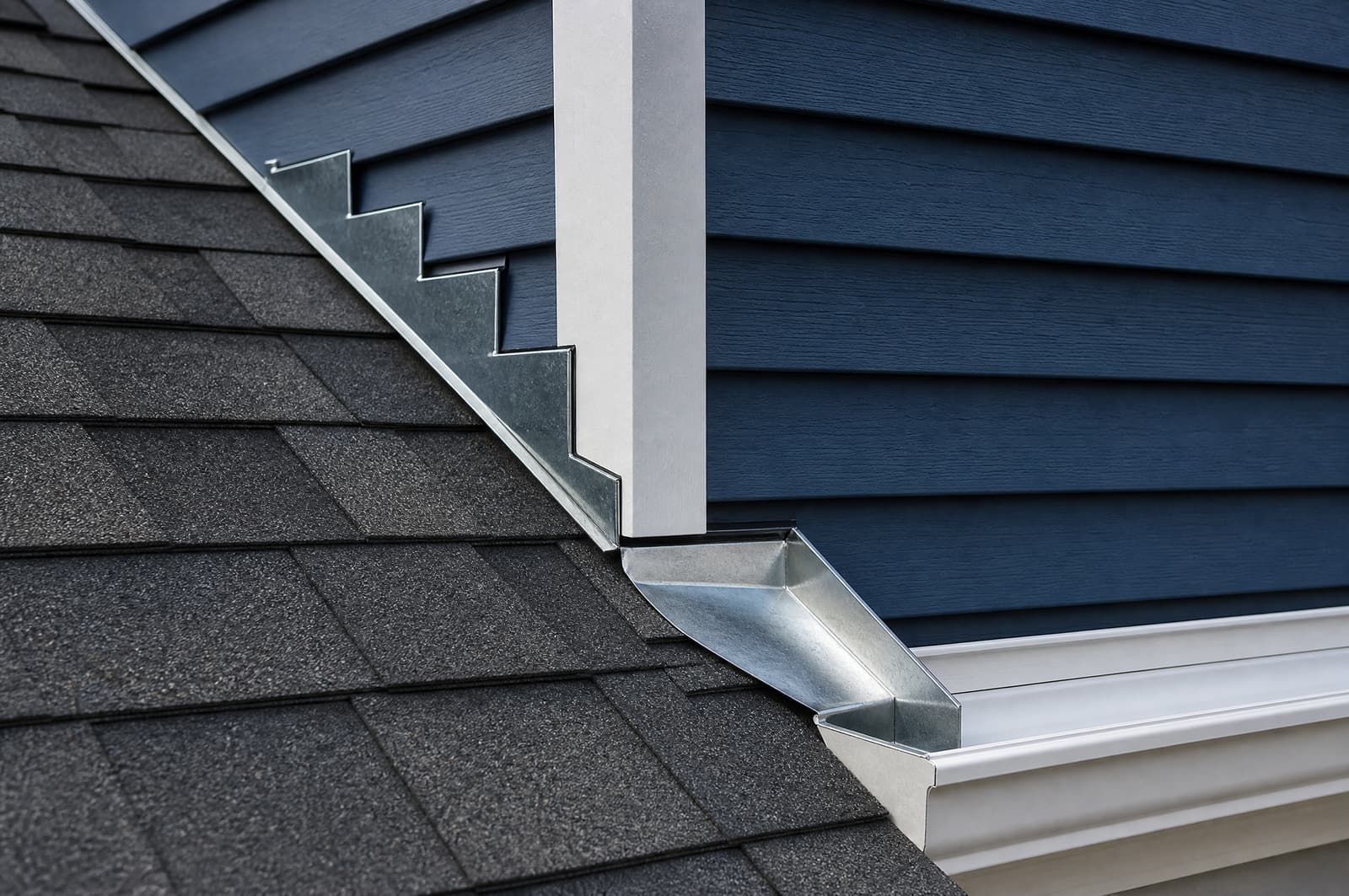 Step flashing and kick-out flashing where a new shingle roof meets navy blue lap siding